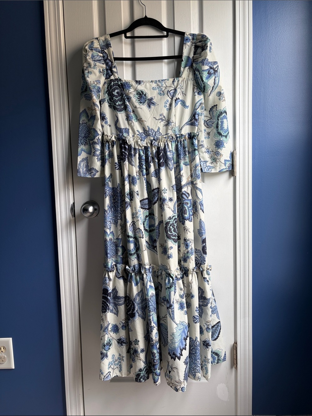 SundayUp Blue Floral Square-Neck Midi Dress Size Medium Cottagecore